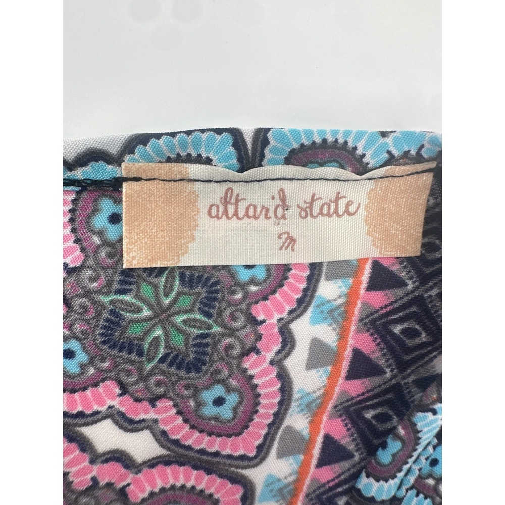 Altar'd State Womens Blue Pink Geometric Bell Sleeve Boho Mini Dress M Festival - Picture 2 of 11